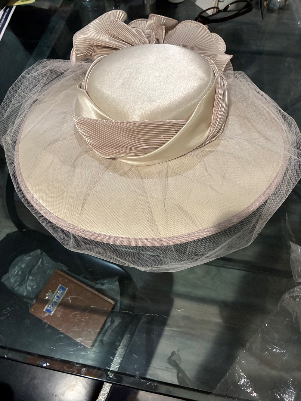 Eric Javits Pale Blush/Taupe Satin and Tulle Cocktail Hat.
Built-in head-band.